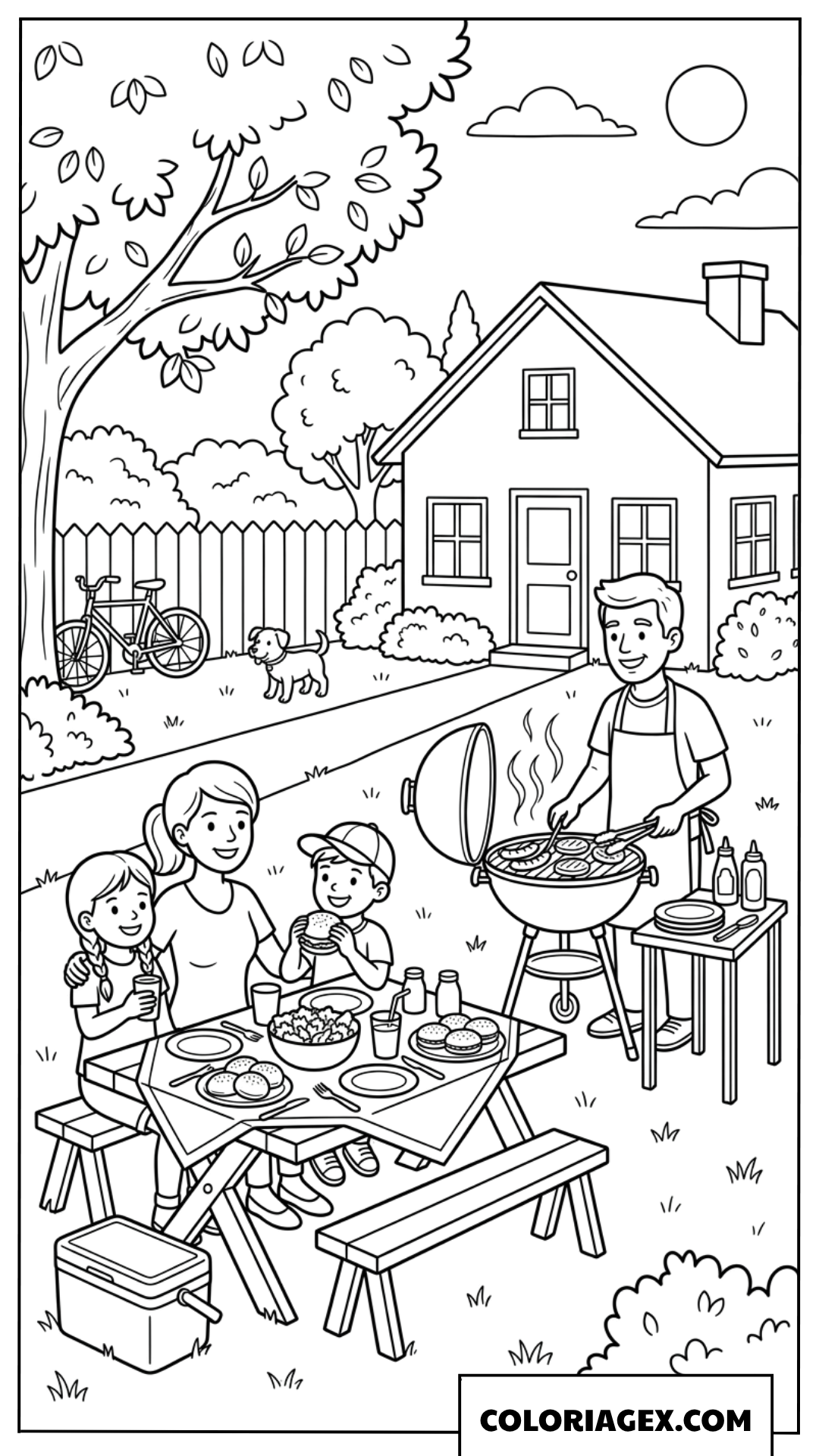 Coloriage d'un barbecue familial convivial dans le jardin
