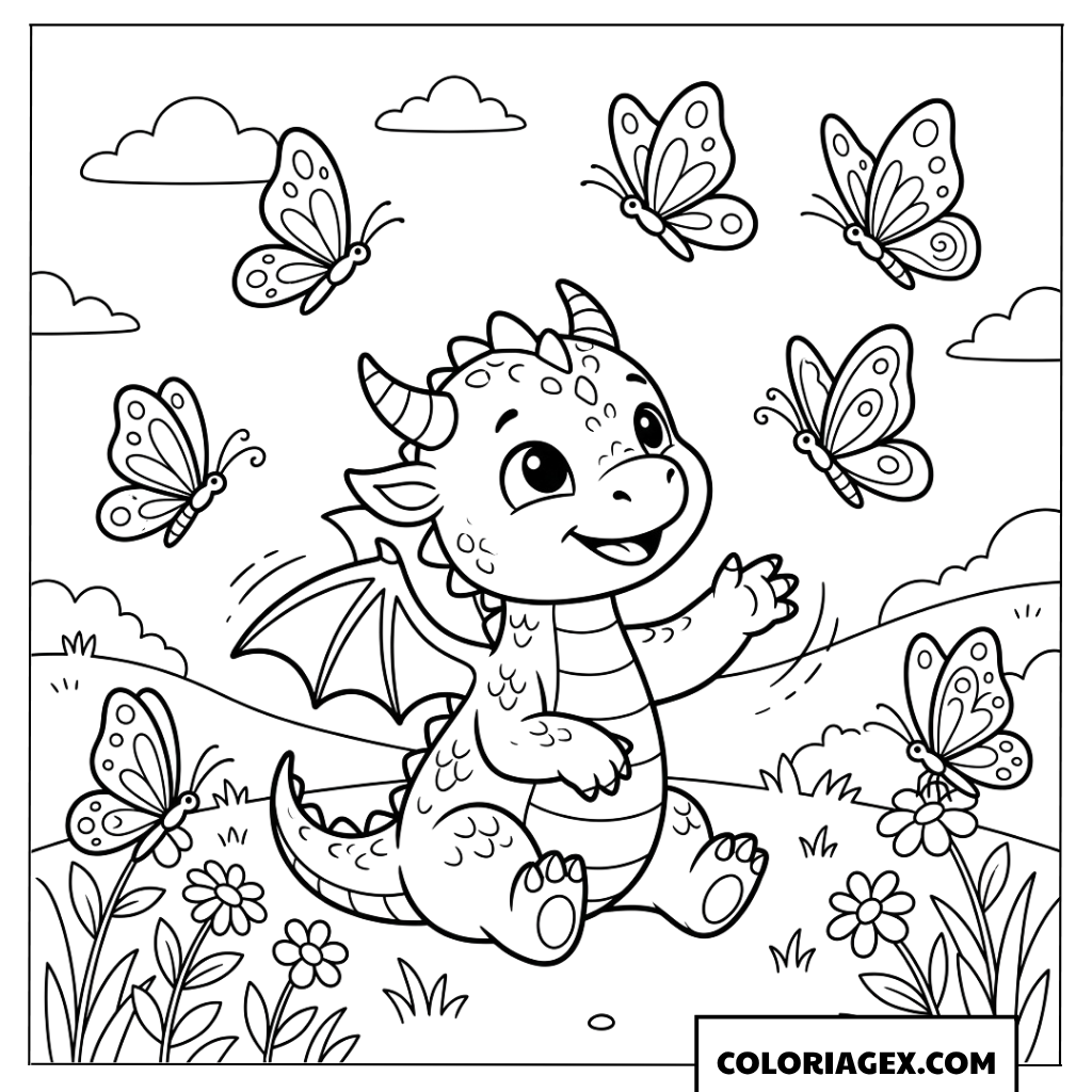 Coloriage d'un bébé dragon jouant avec des papillons