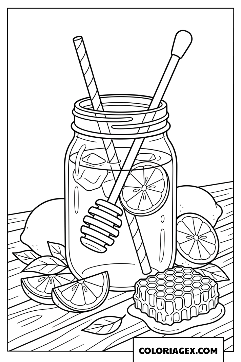 Coloriage d'un bocal de citronnade au miel et nid d'abeille