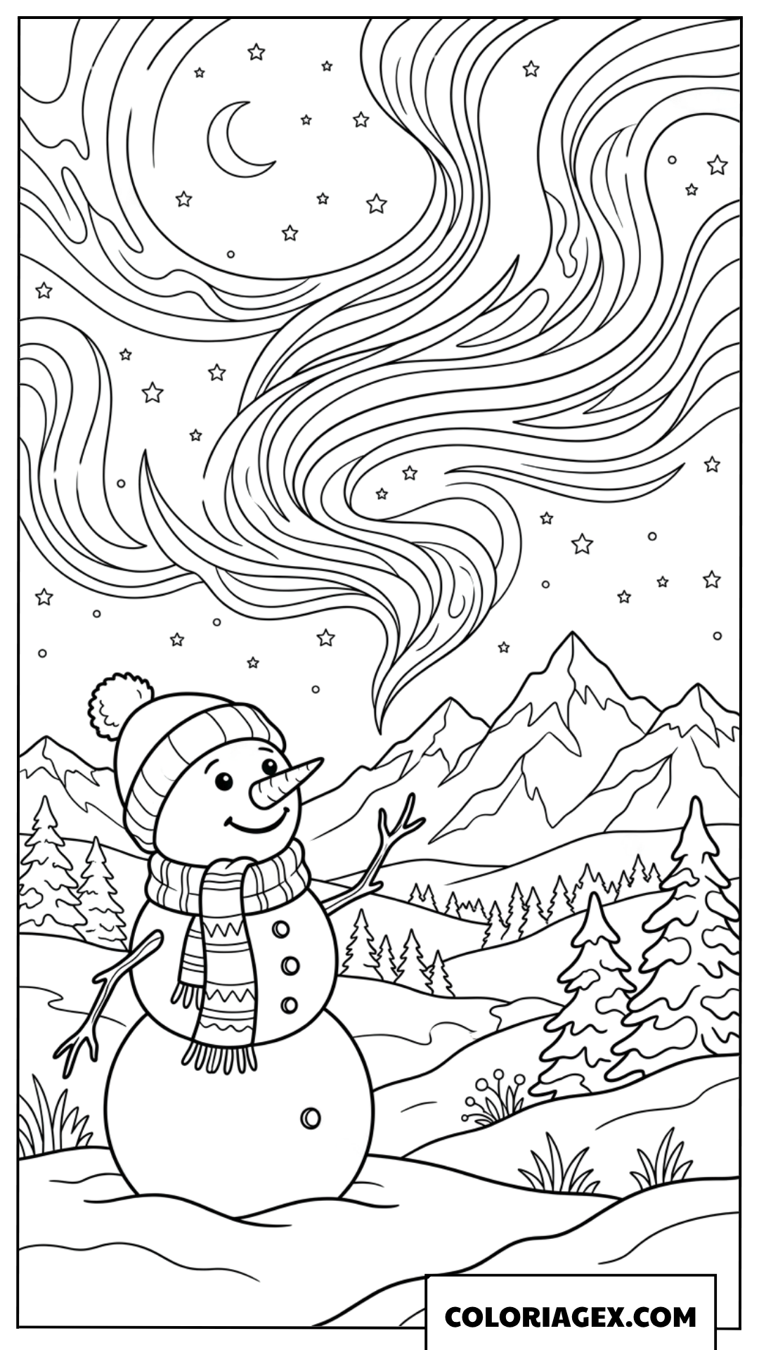 Coloriage d'un bonhomme de neige admirant une aurore boréale