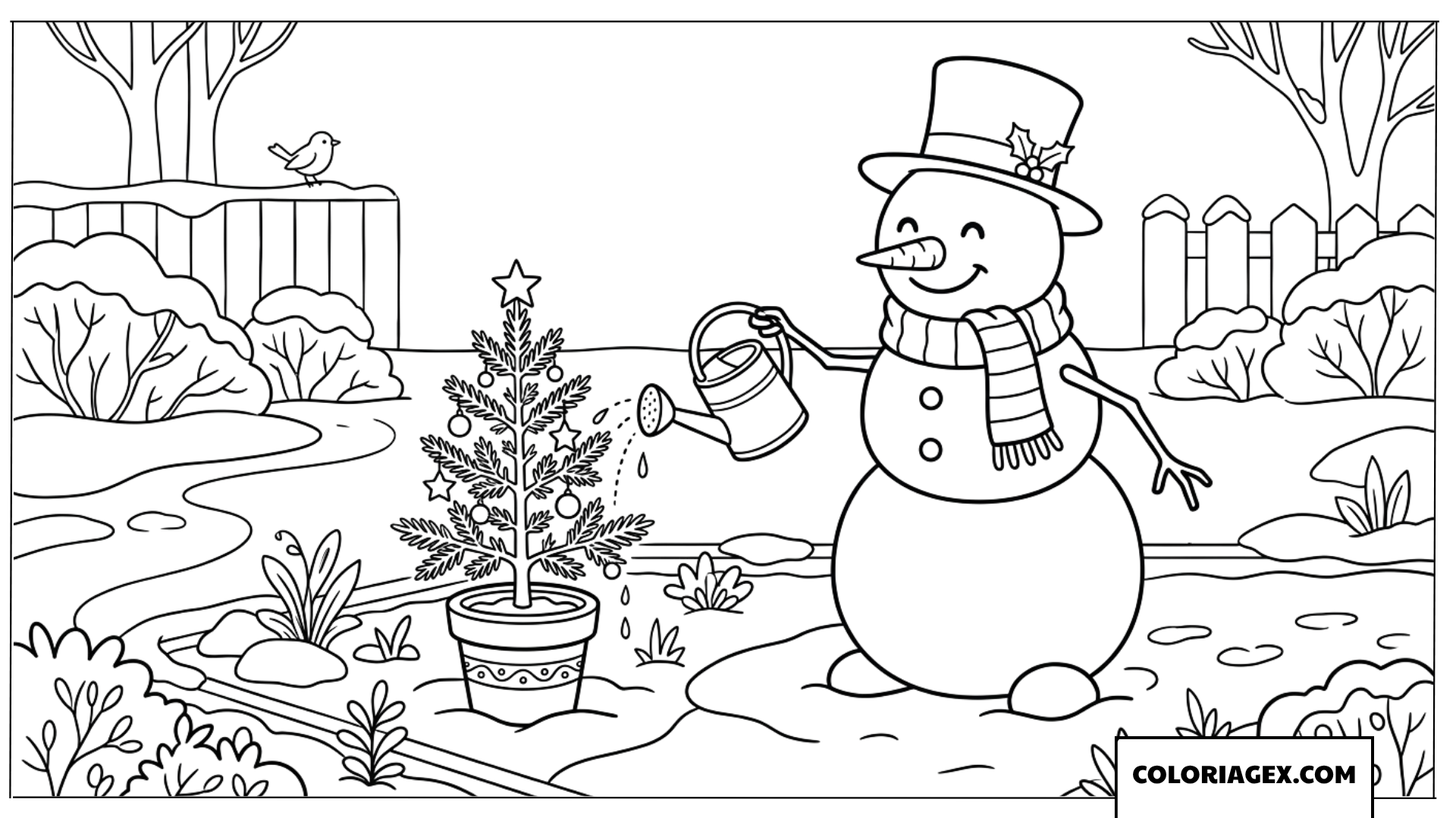 Coloriage d'un bonhomme de neige arrosant un petit sapin en pot