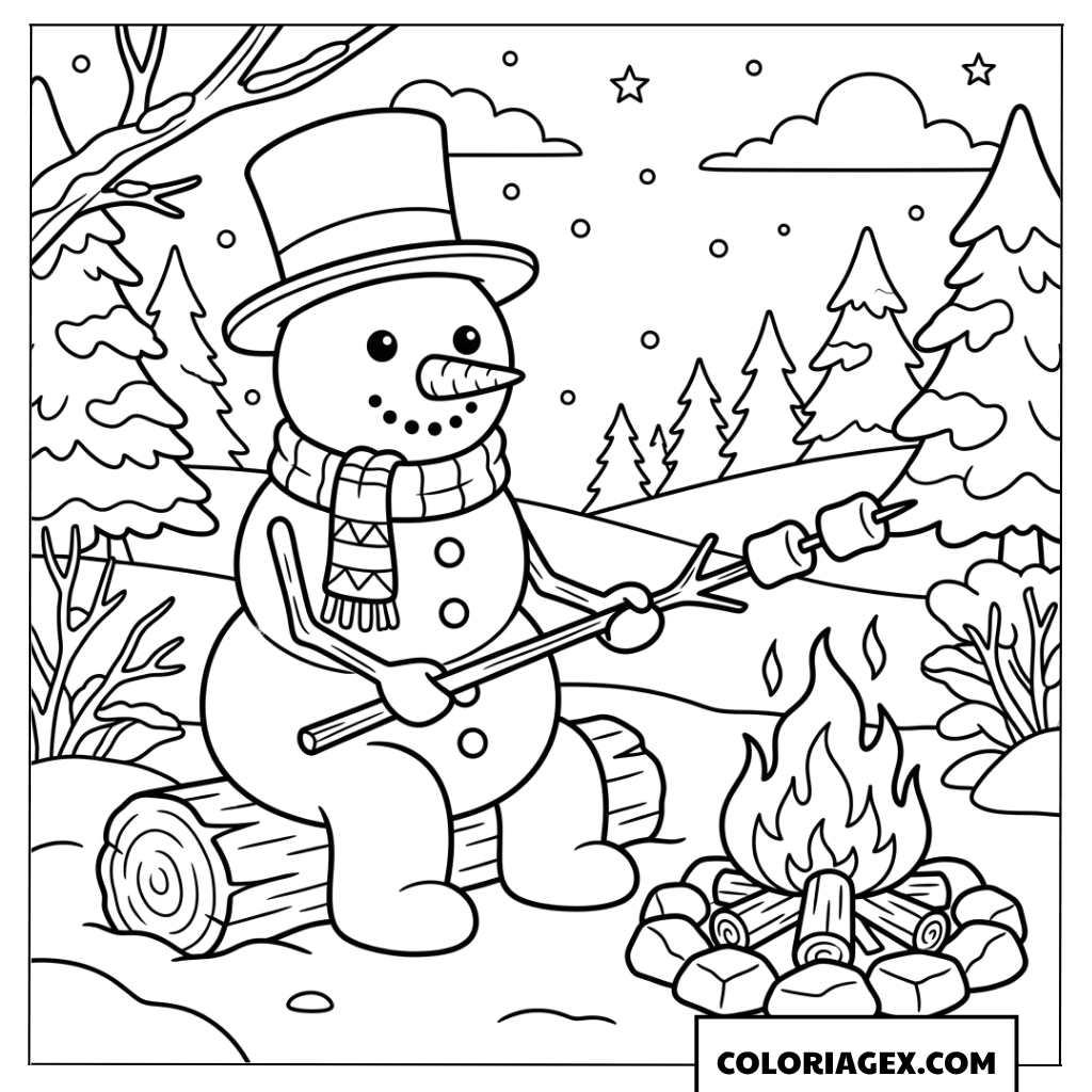 Coloriage d'un bonhomme de neige assis au coin du feu