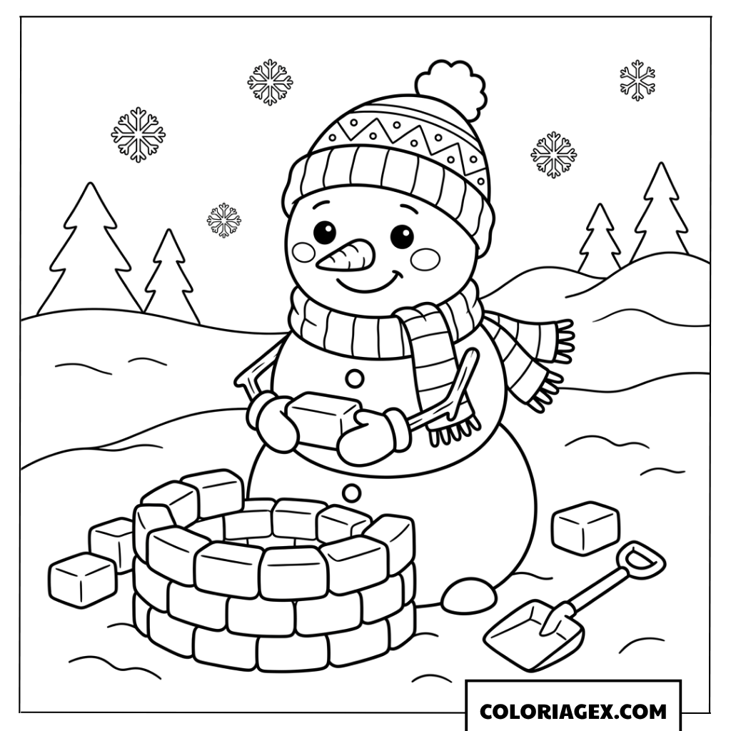 Coloriage d'un bonhomme de neige construisant un puits en briques de neige