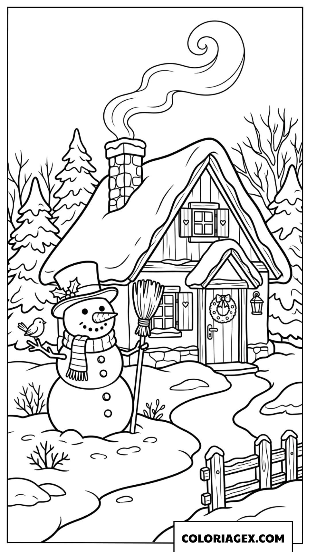Coloriage d'un bonhomme de neige devant une jolie maisonnette