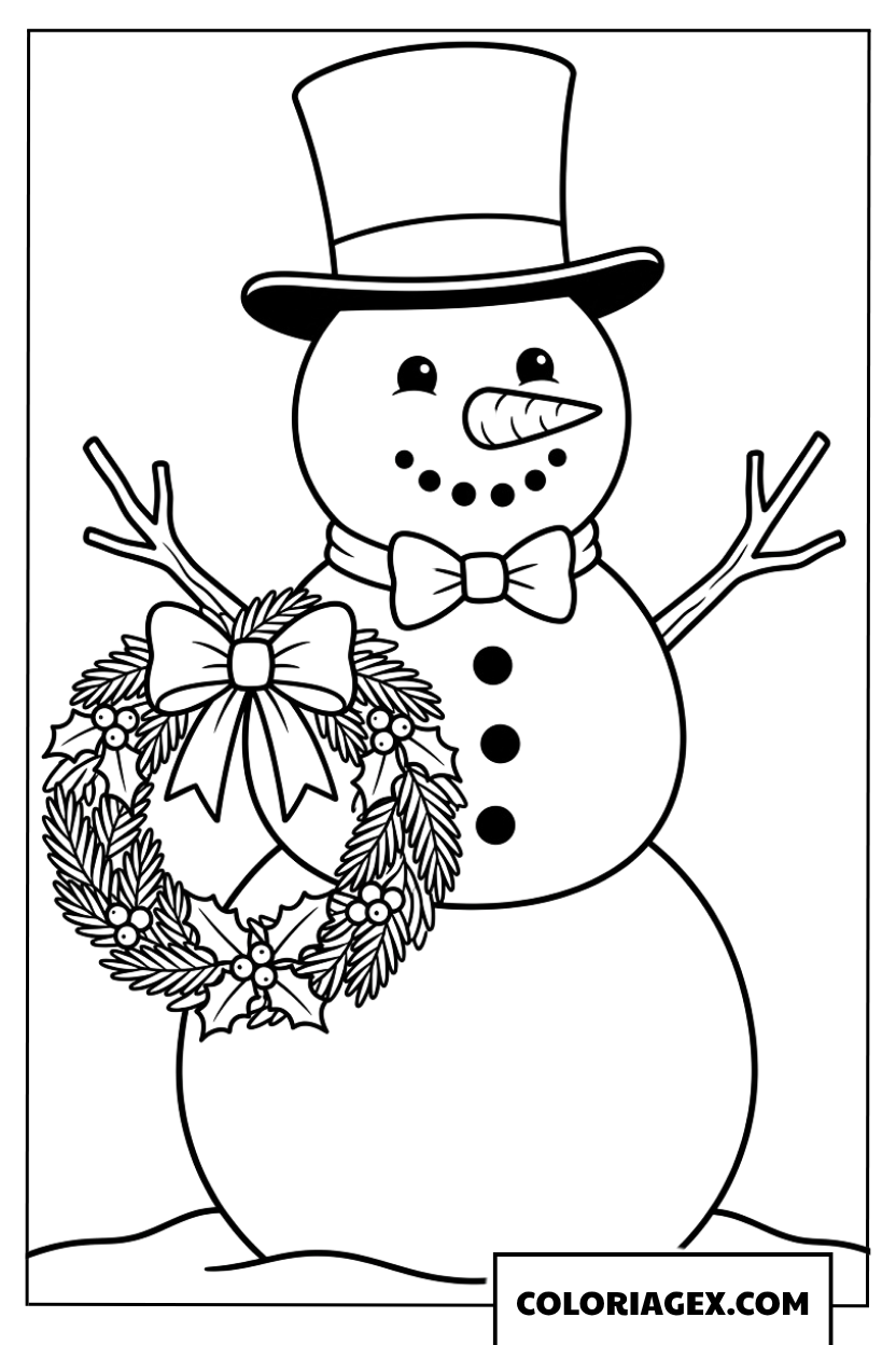 Coloriage d'un bonhomme de neige élégant avec une couronne de Noël