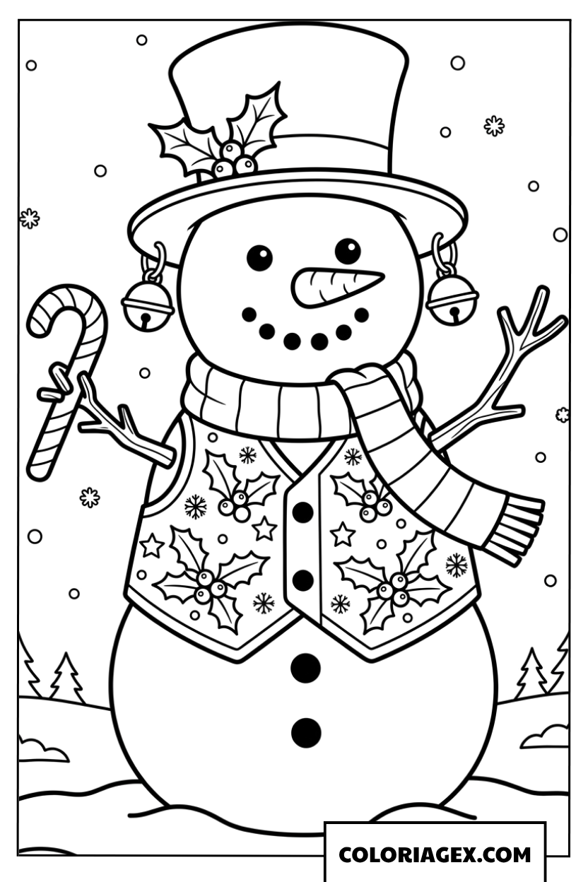 Coloriage d'un bonhomme de neige en gilet avec des clochettes