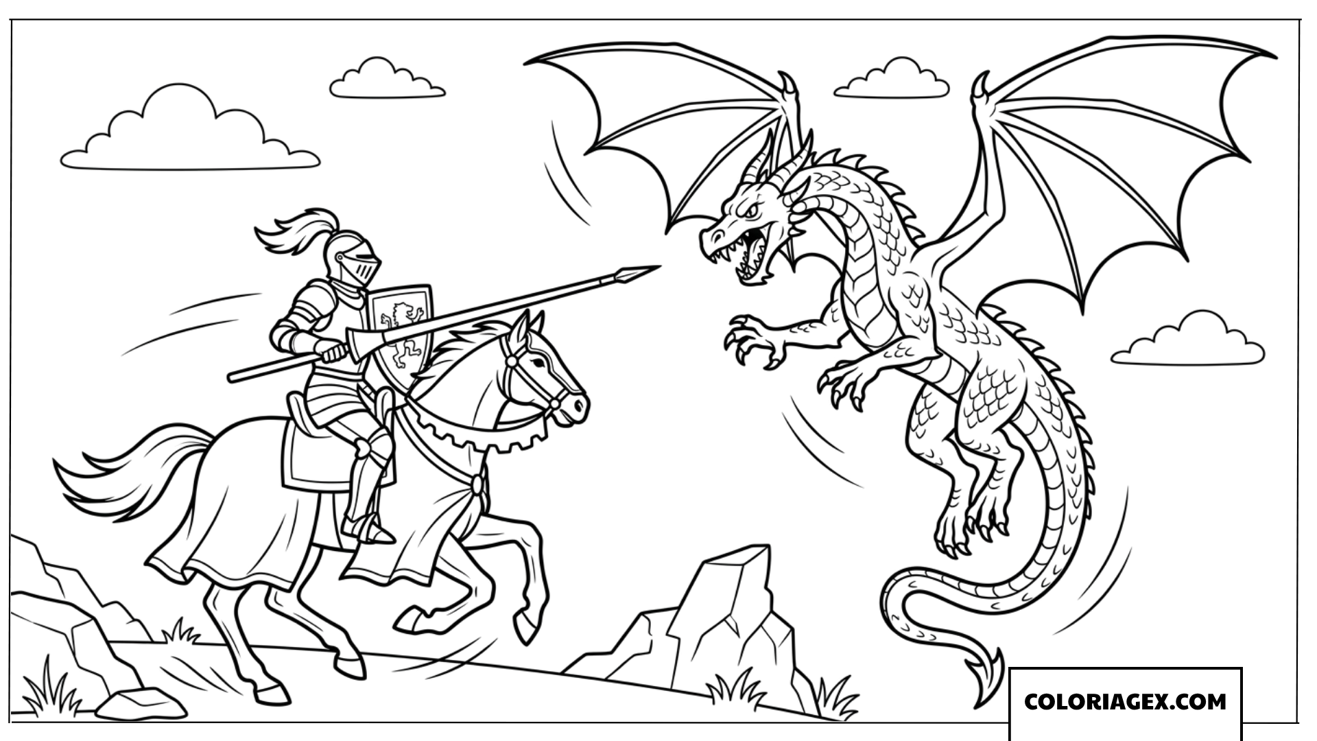 Coloriage d'un chevalier à cheval combattant un dragon ailé