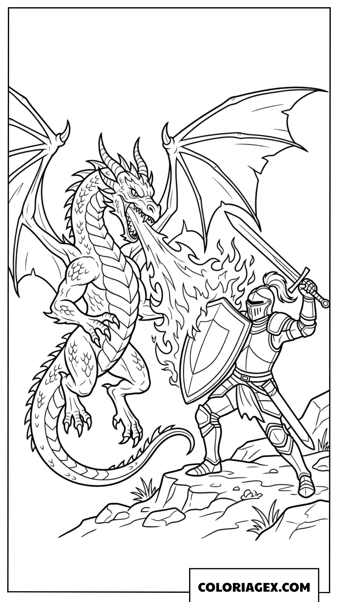 Coloriage dun chevalier puissant se protegeant contre le feu du dragon