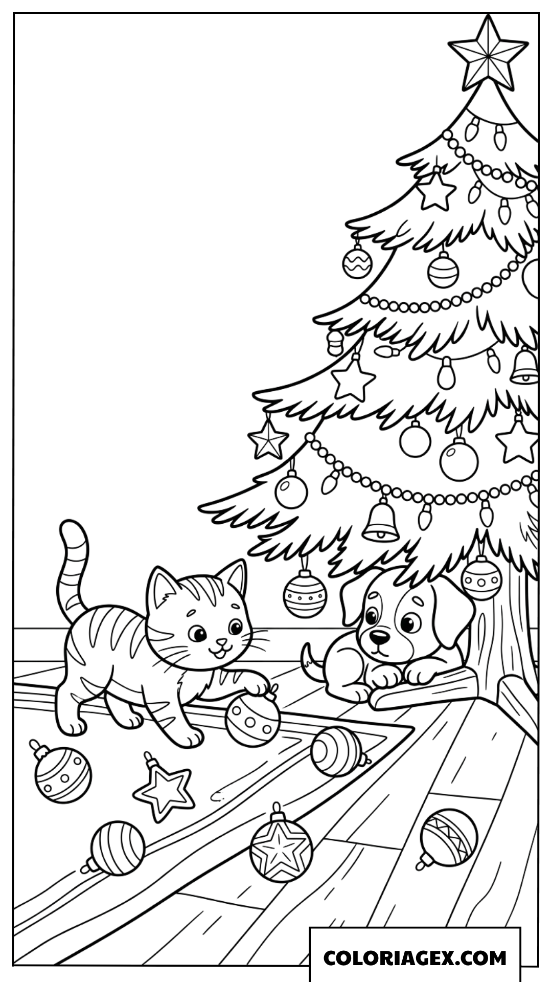 Coloriage d'un chiot et d'un chaton jouant avec les boules du sapin de Noël