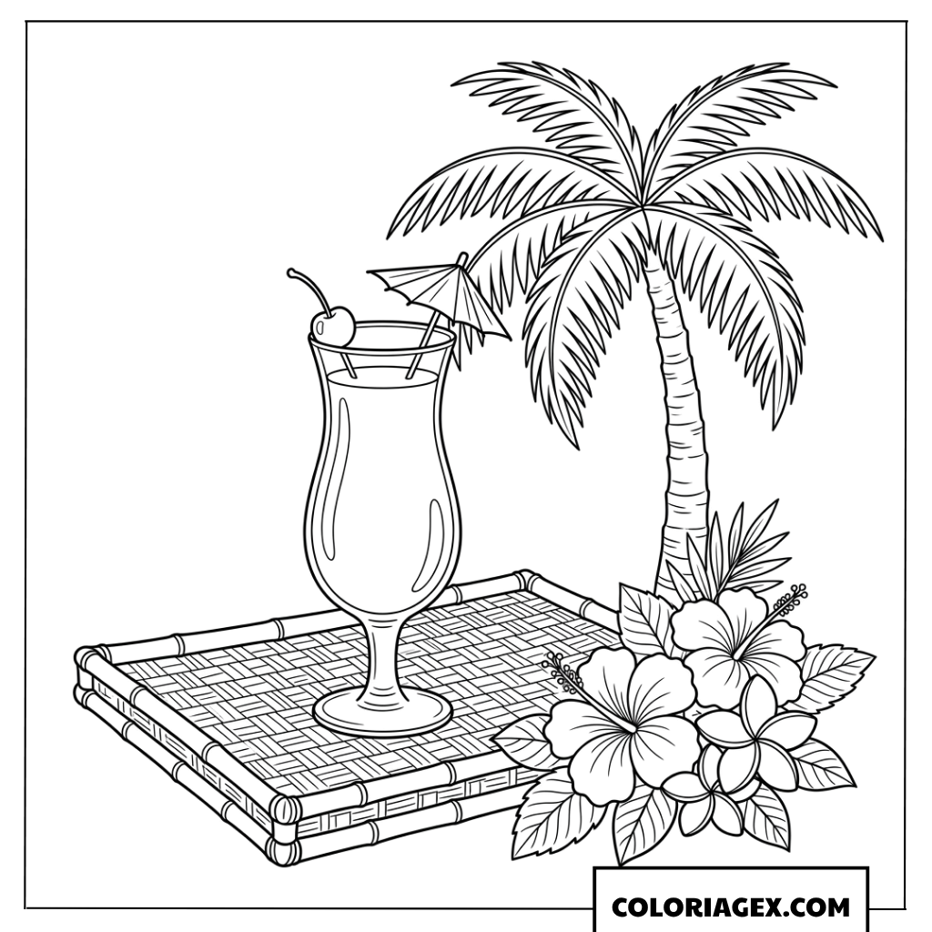 Coloriage d'un cocktail Blue Hawaiian sous un cocotier fleuri