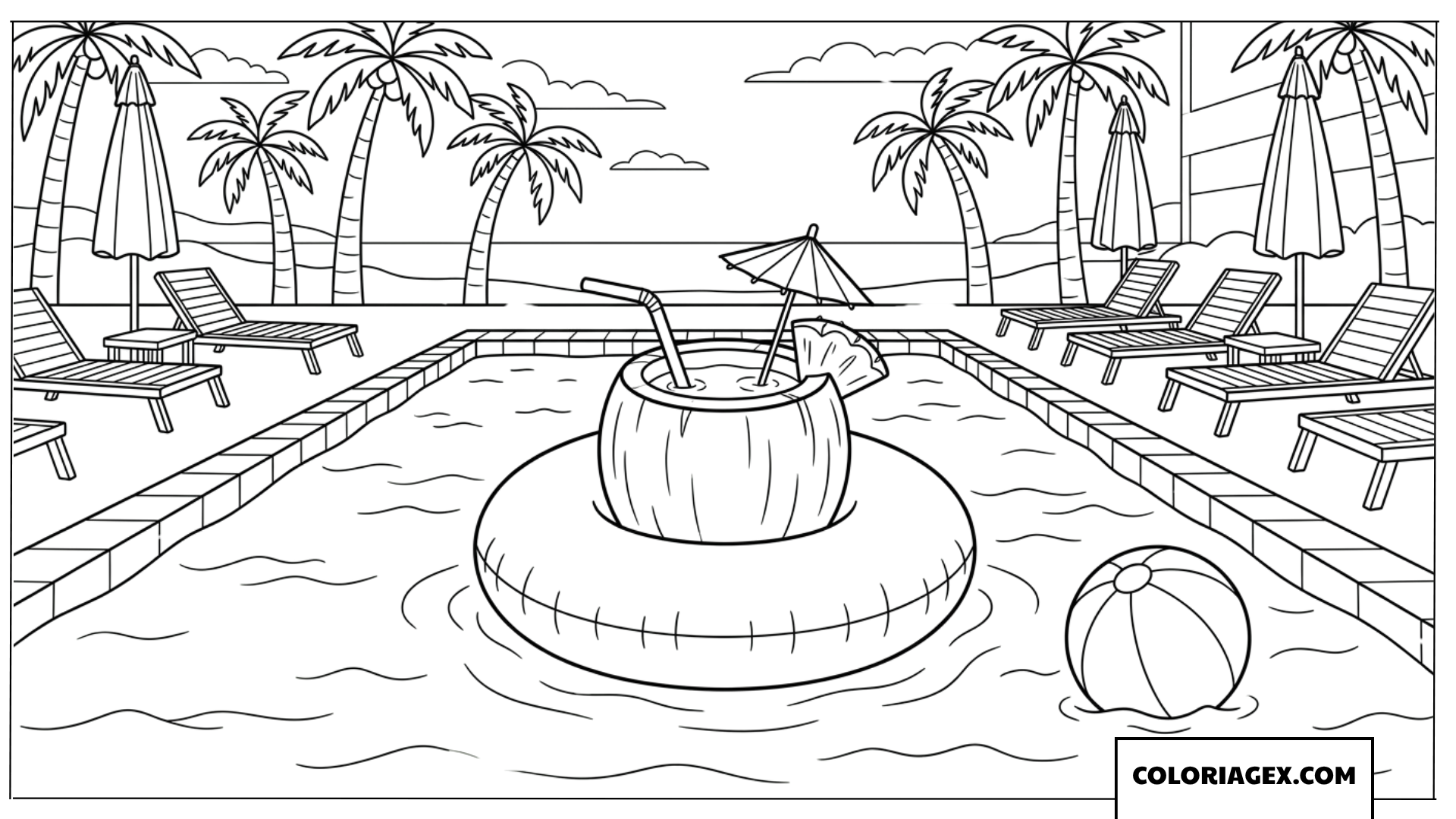 Coloriage d'un cocktail Piña Colada flottant dans la piscine du complexe