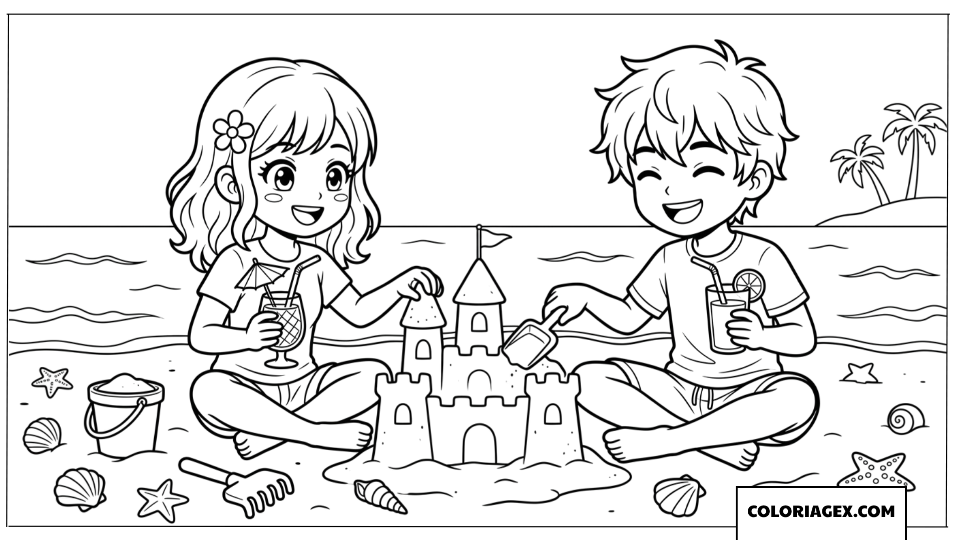 Coloriage d'un couple anime construisant un château de sable et buvant des jus