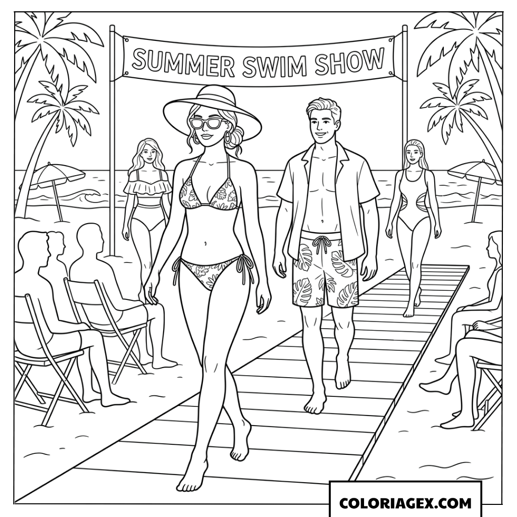 Coloriage d'un défilé de mode de maillots de bain sur la plage