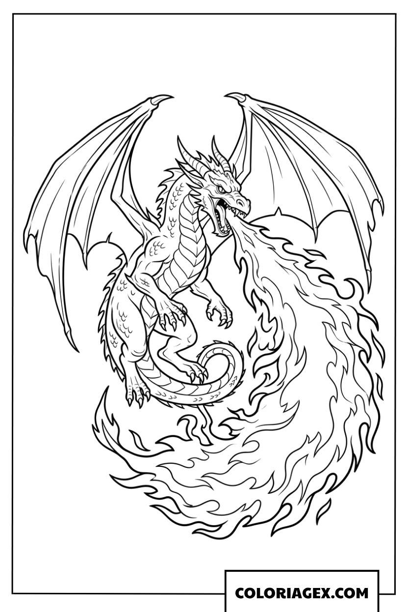Coloriage d'un dragon ailé volant et crachant une grande flamme