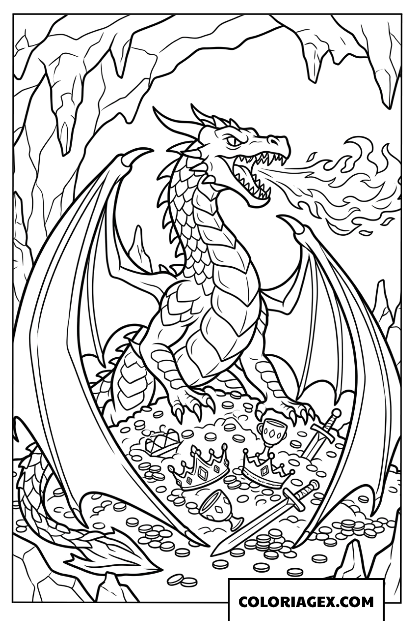 Coloriage d'un dragon crachant du feu pour protéger son trésor