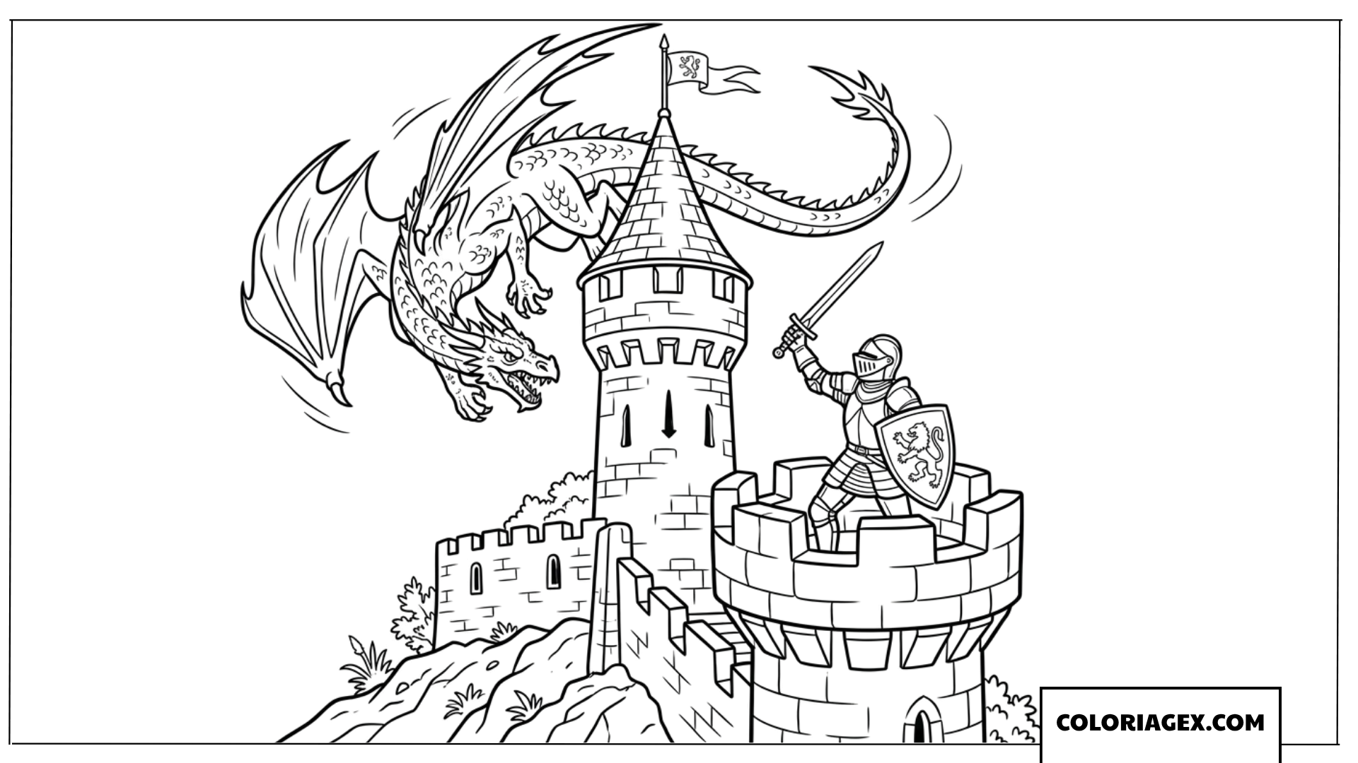 Coloriage d'un dragon volant autour d'une tour de château