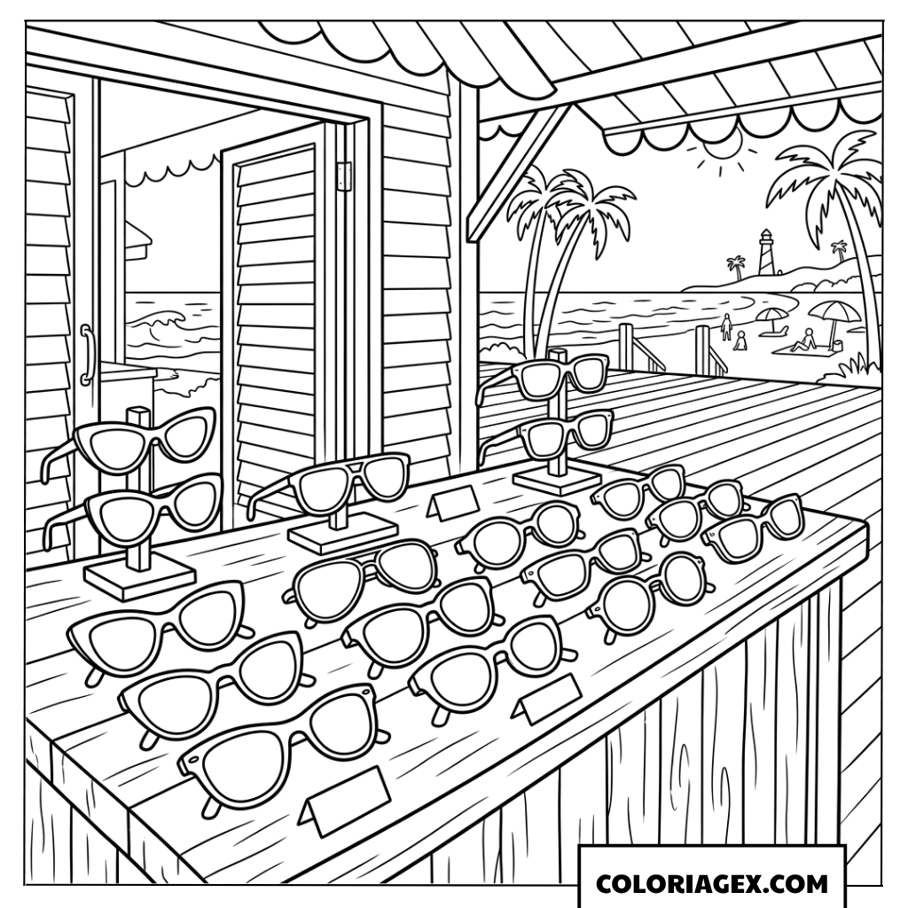 Coloriage d'un étal de lunettes de soleil tendance au bord de la mer