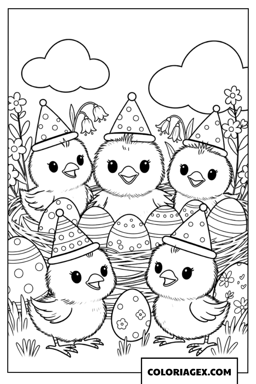 Coloriage d’un groupe de poussins avec des chapeaux de fête