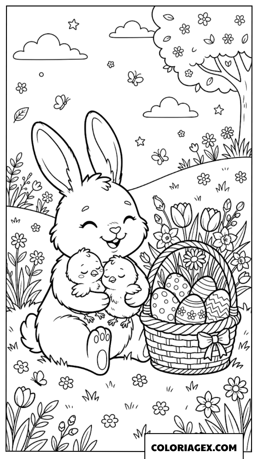 Coloriage d’un lapin câlinant un poussin près d’un panier d’œufs