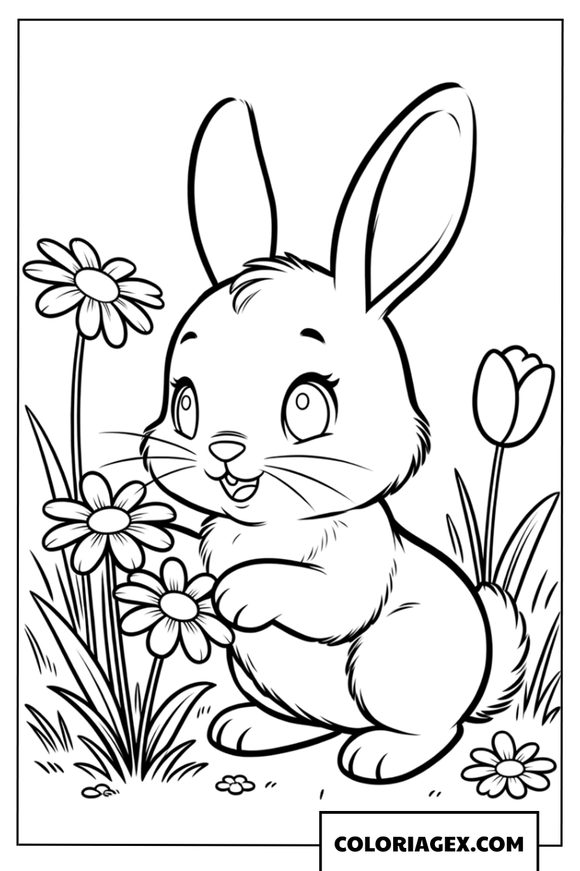 Coloriage d’un lapin dans un jardin fleuri