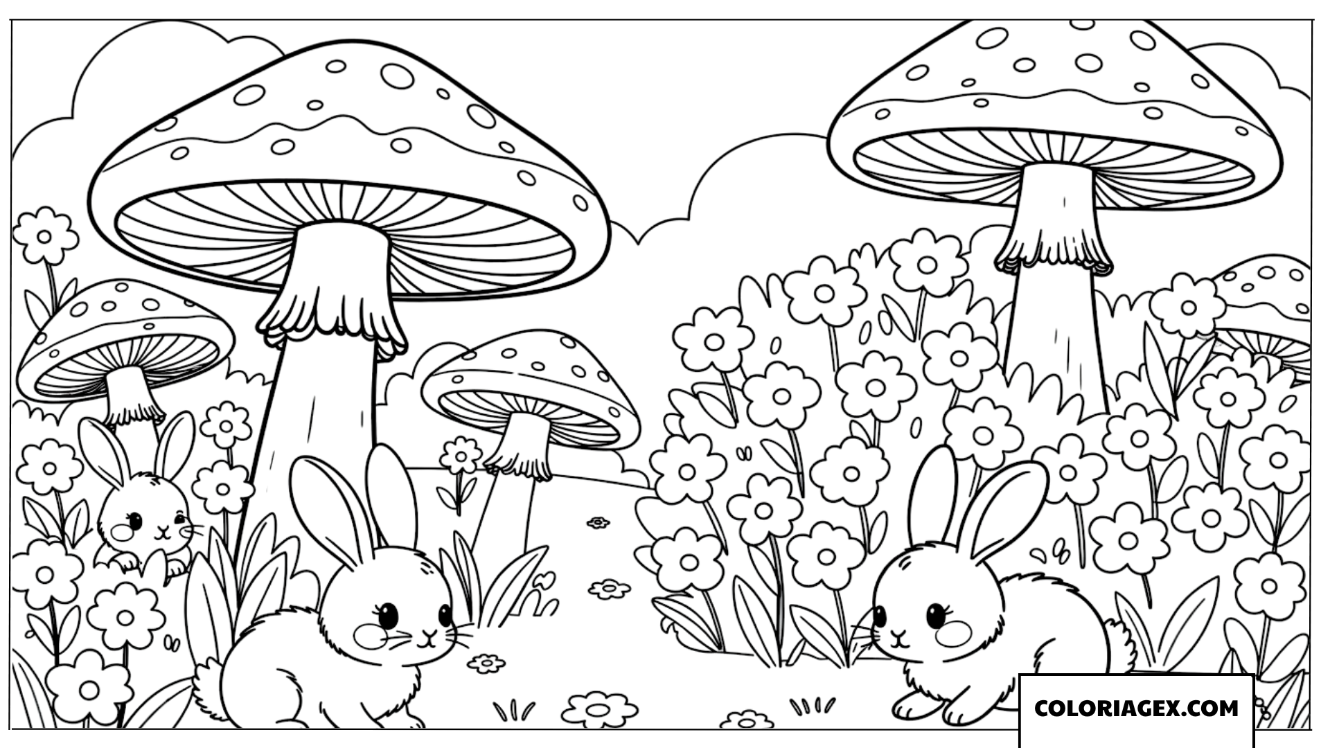 Coloriage d’un lapin dans un royaume de champignons