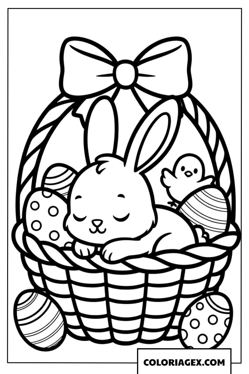Coloriage d’un lapin endormi dans un panier