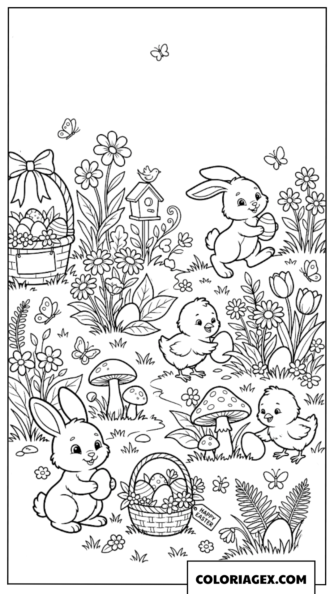 Coloriage d’un lapin et de poussins dans un jardin de champignons
