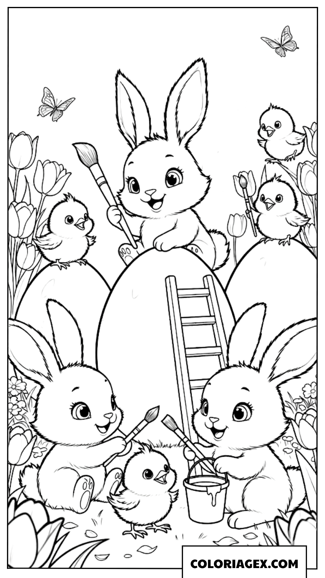 Coloriage d’un lapin et d’un poussin décorant un œuf