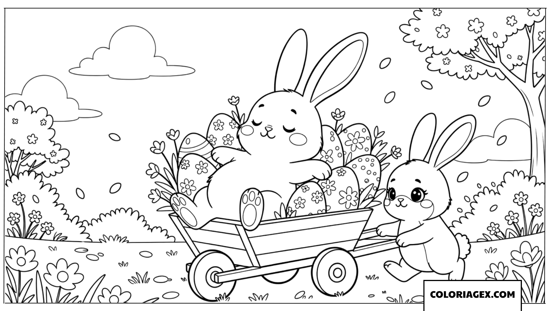 Coloriage d’un lapin poussant une brouette d’œufs