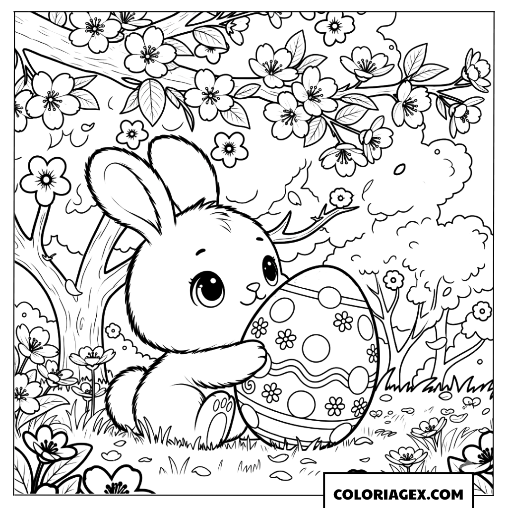 Coloriage d’un lapin tenant un œuf sous un arbre fleuri