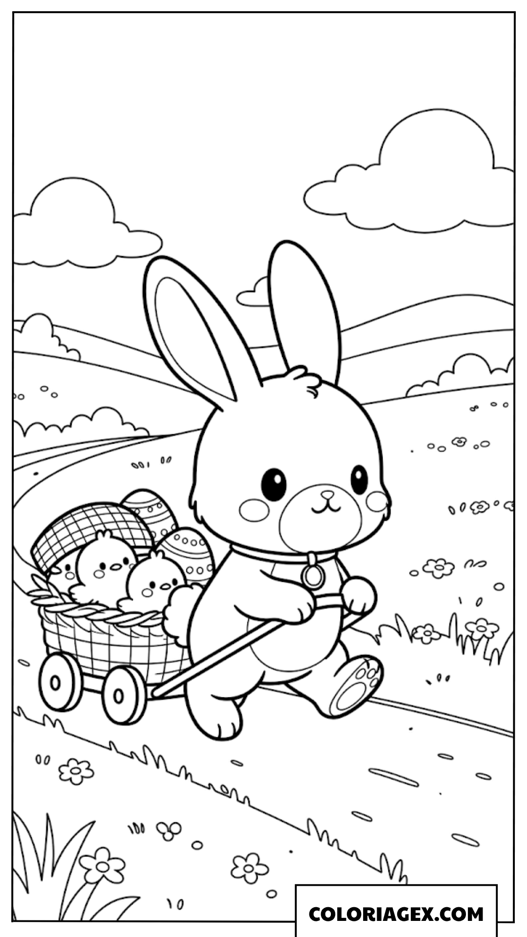 Coloriage d’un lapin tirant une brouette de poussins