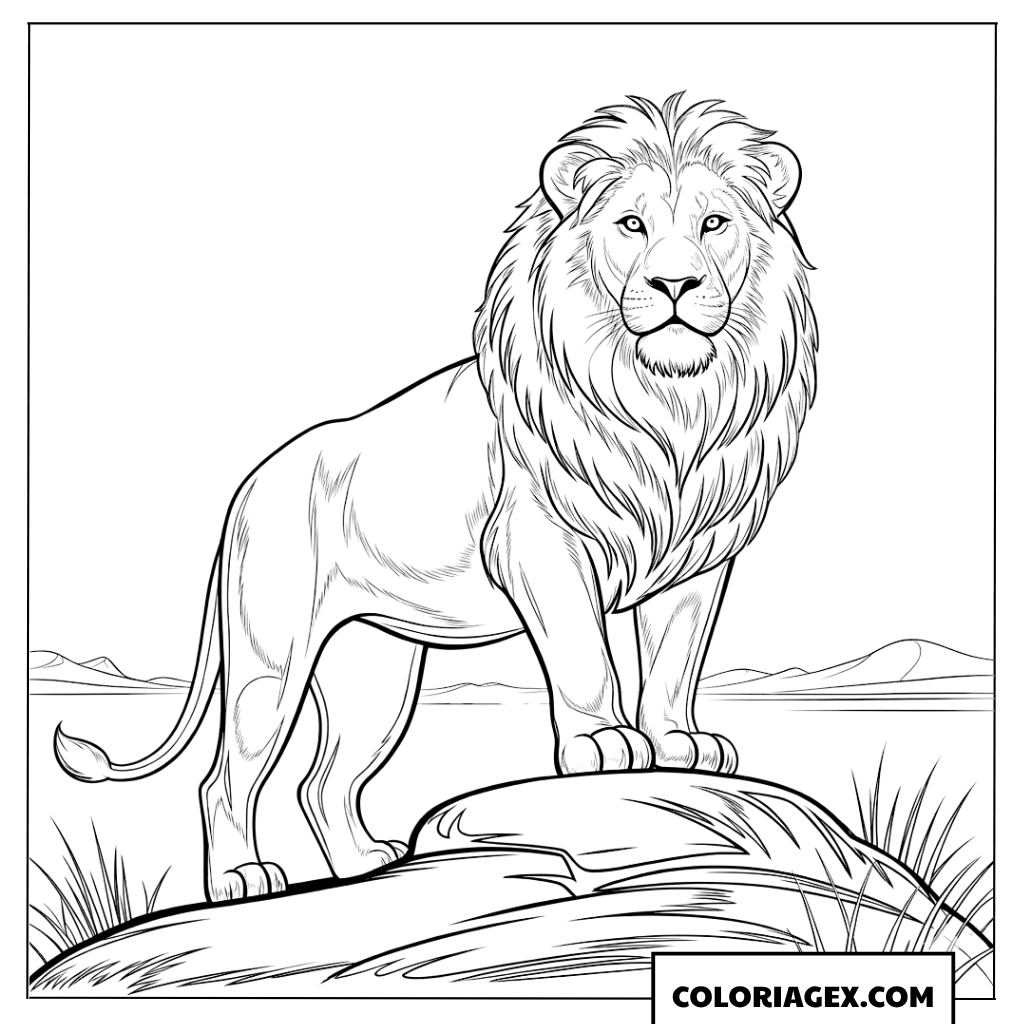 Coloriage dun lion fier debout sur un grand rocher
