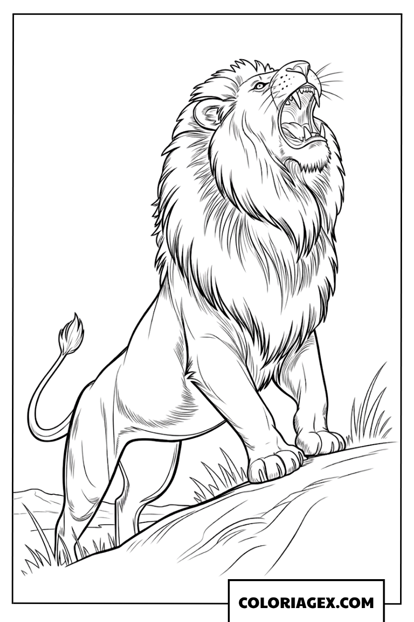 Coloriage dun lion fier qui rugit sur une colline