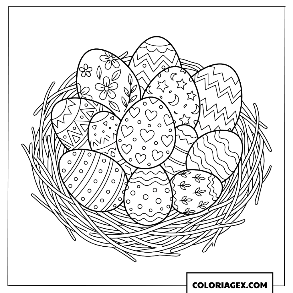 Coloriage d'un nid d'œufs de Pâques aux motifs variés