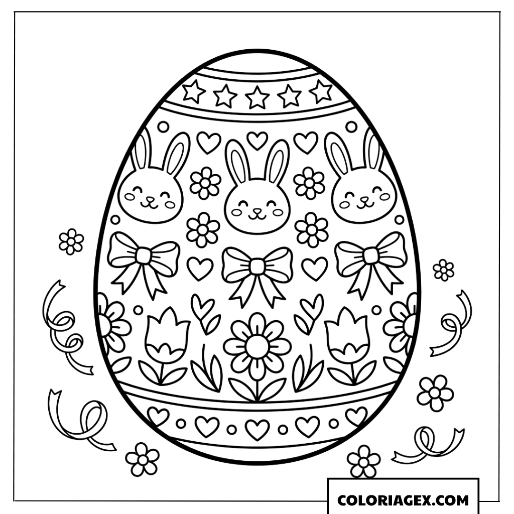 Coloriage d'un œuf de Pâques aux motifs de lapins et de nœuds