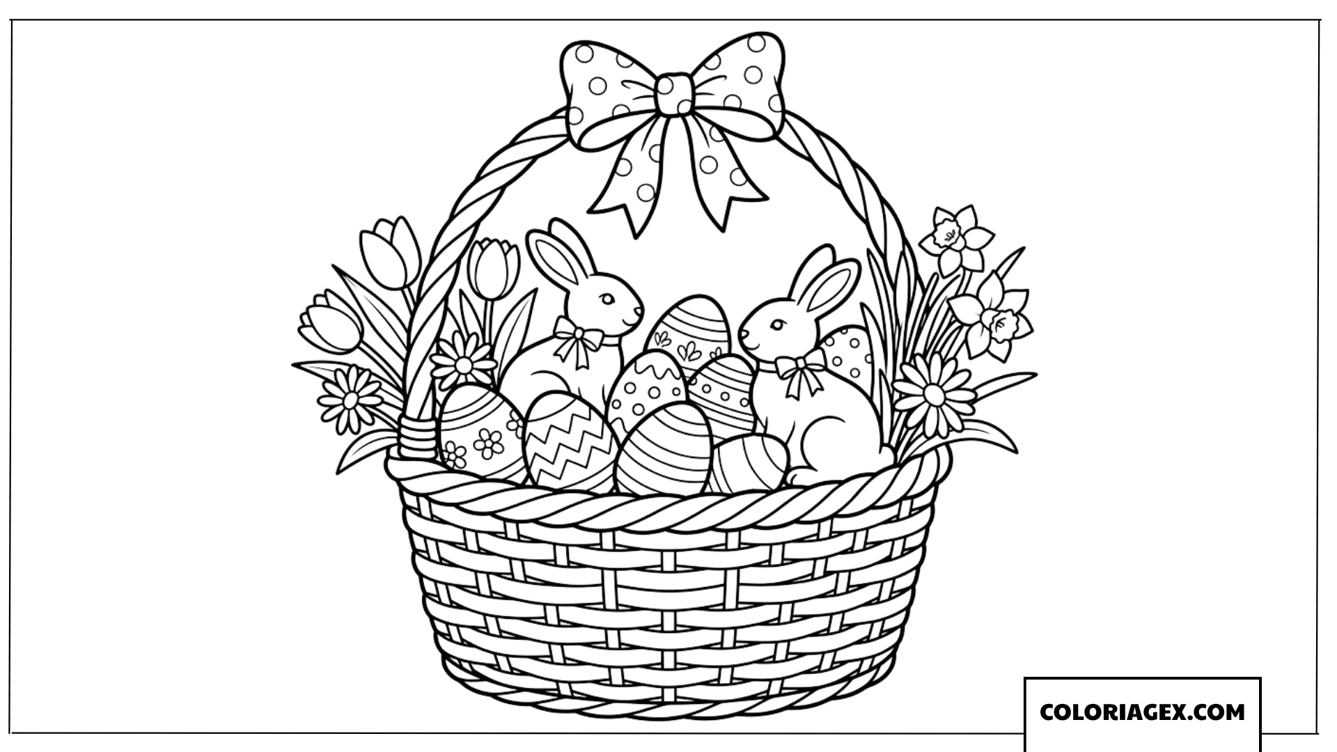 Coloriage d'un panier de Pâques en osier avec lapins et fleurs