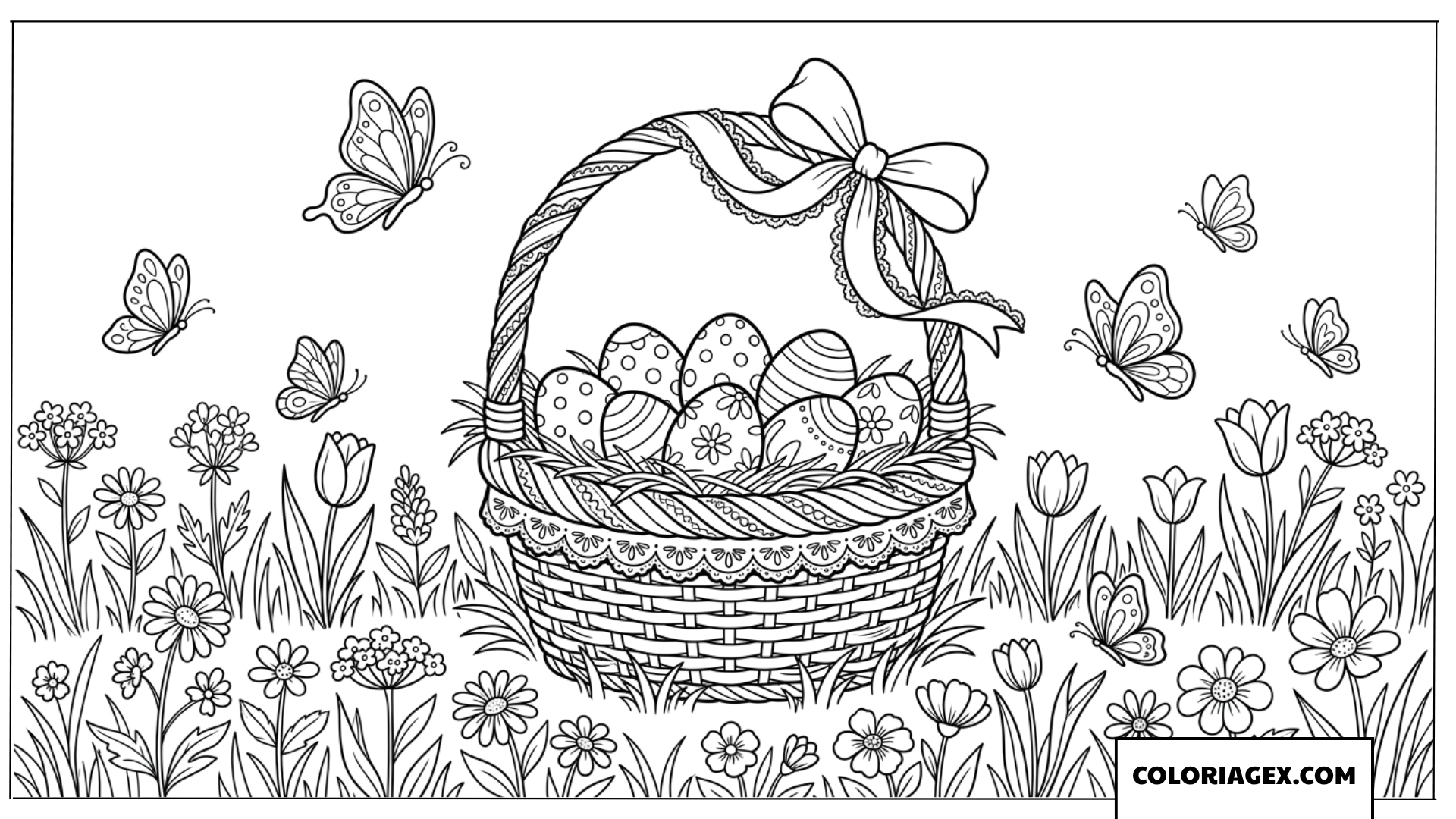 Coloriage d'un panier d'œufs de Pâques parmi fleurs et papillons