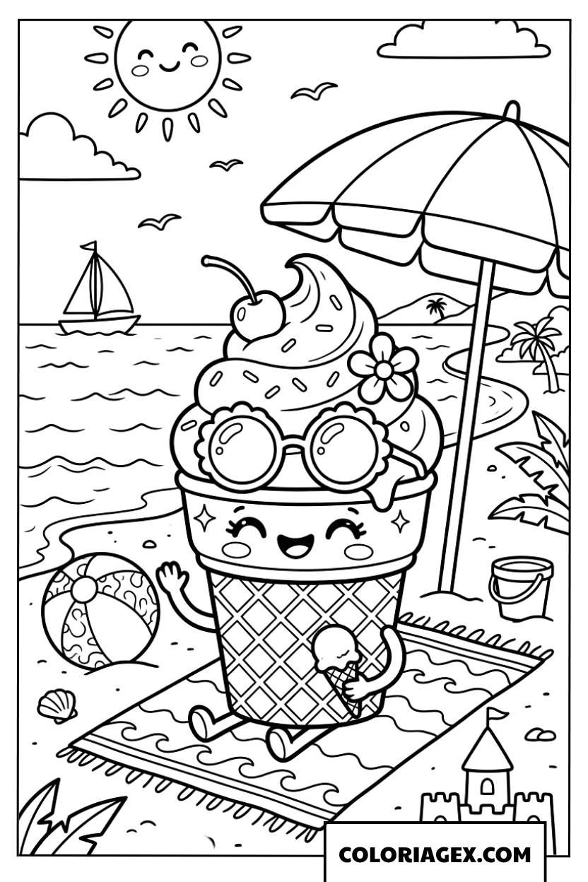 Coloriage d'un personnage de crème glacée mignon à la plage