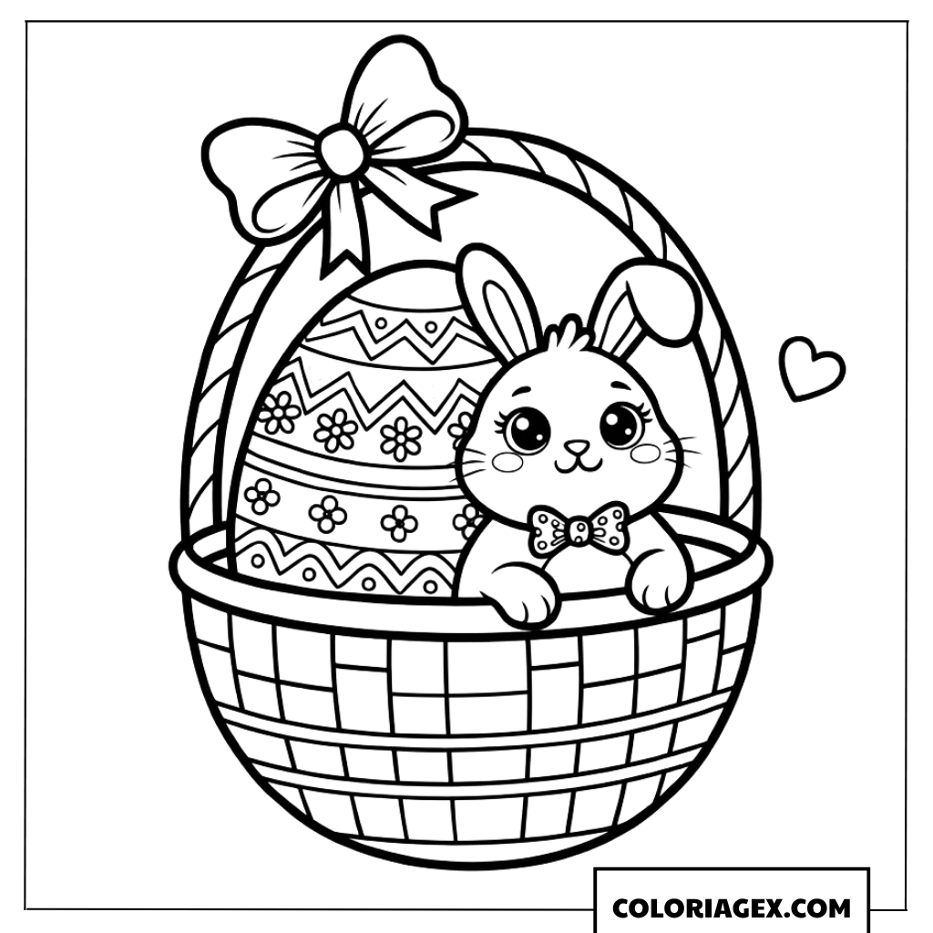 Coloriage d’un petit lapin et d’un panier d’œufs avec un nœud