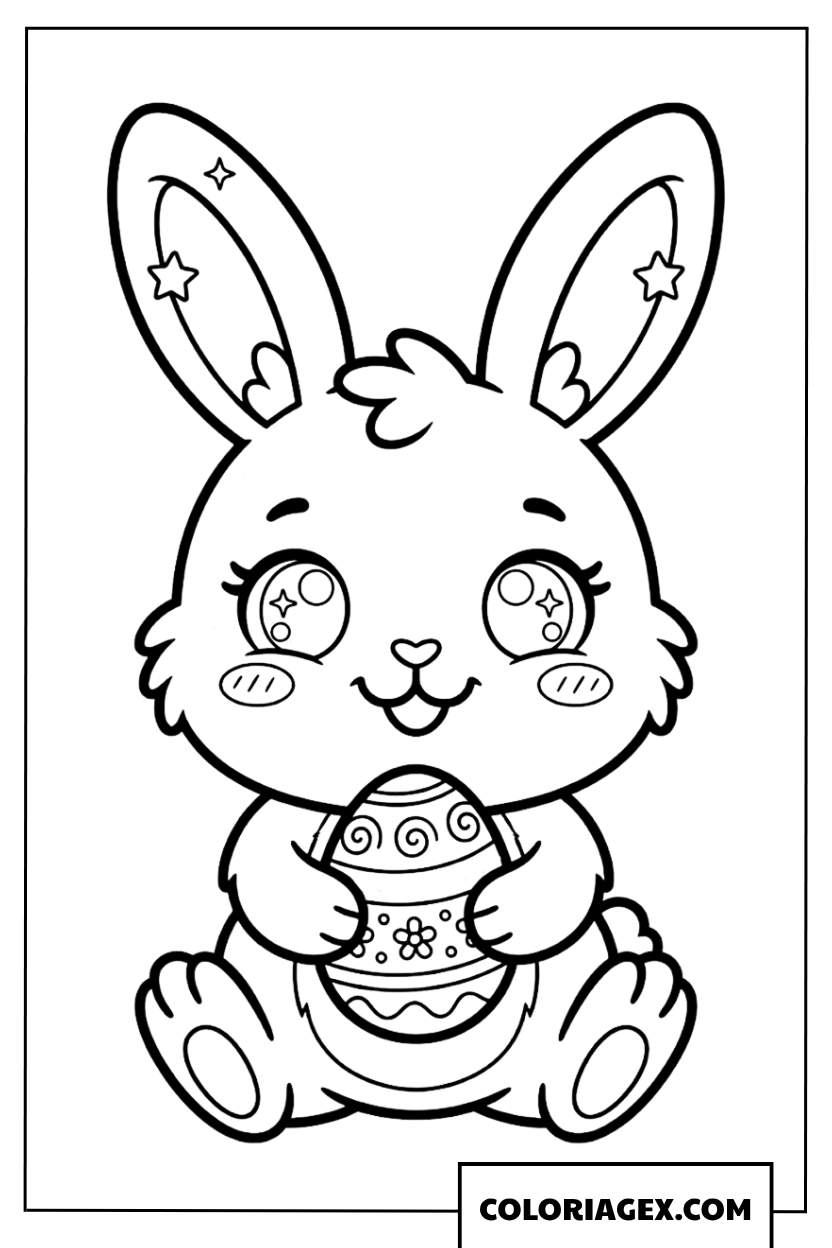 Coloriage d’un petit lapin tenant un œuf de Pâques