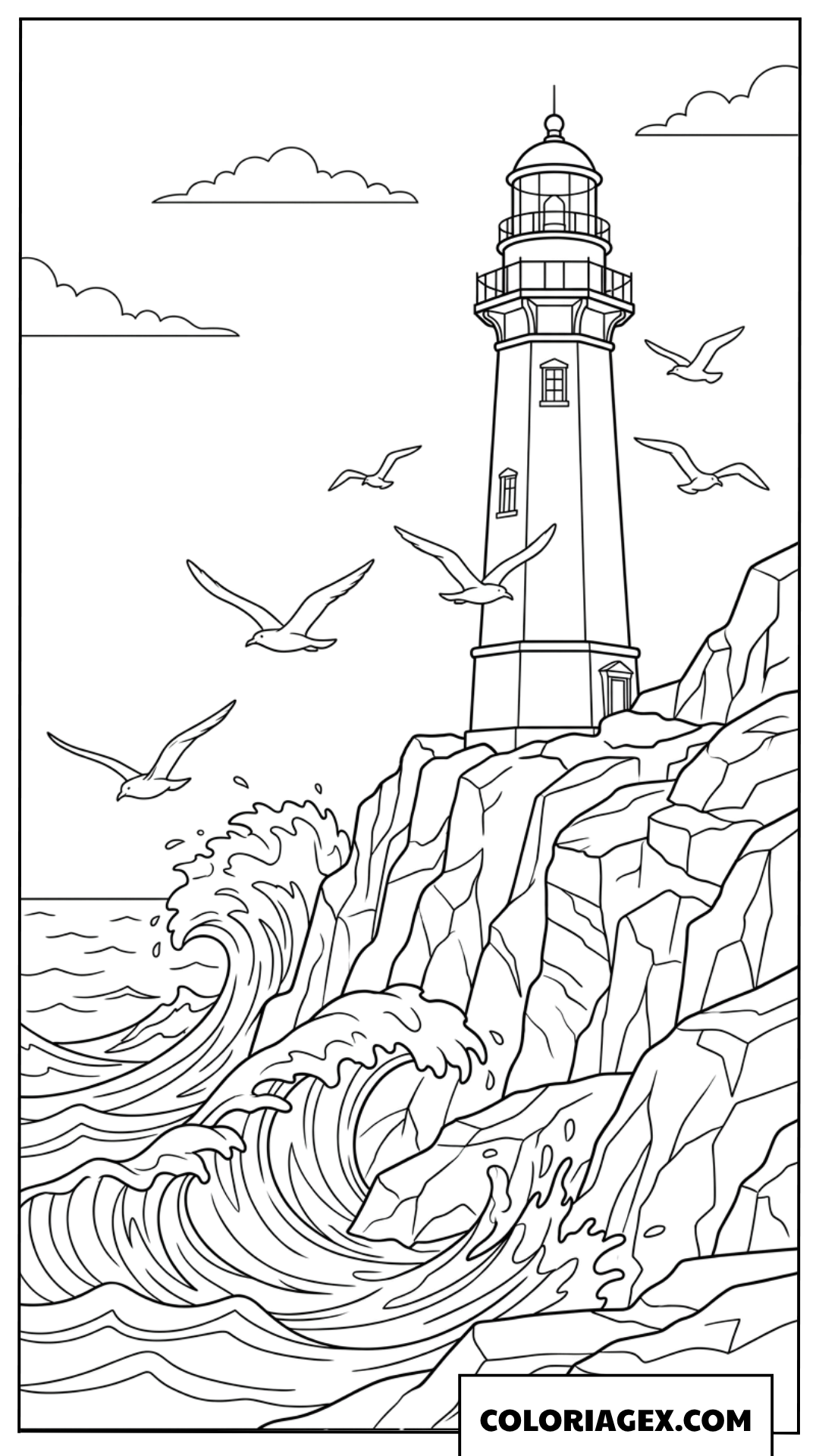Coloriage d'un phare majestueux sur des falaises rocheuses et vagues