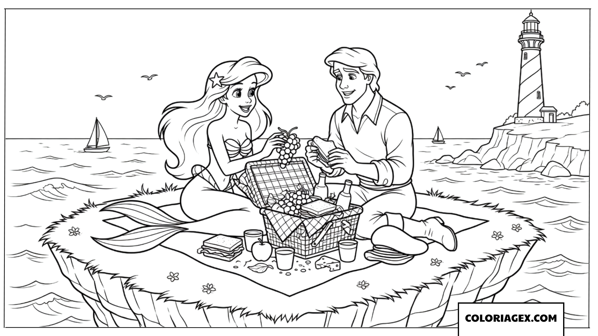 Coloriage d'un pique-nique romantique au bord de la mer avec Ariel