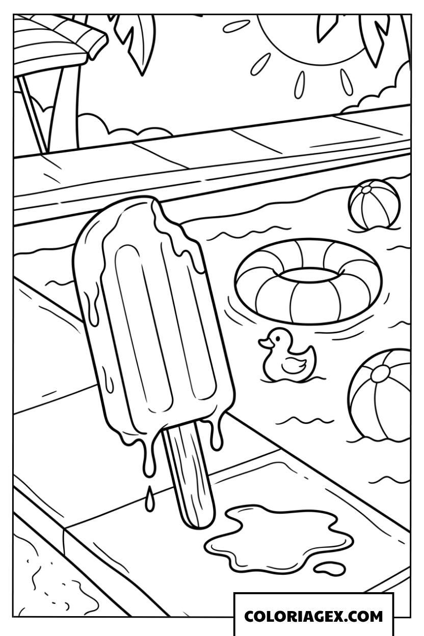 Coloriage d'un popsicle fondant au bord de la piscine