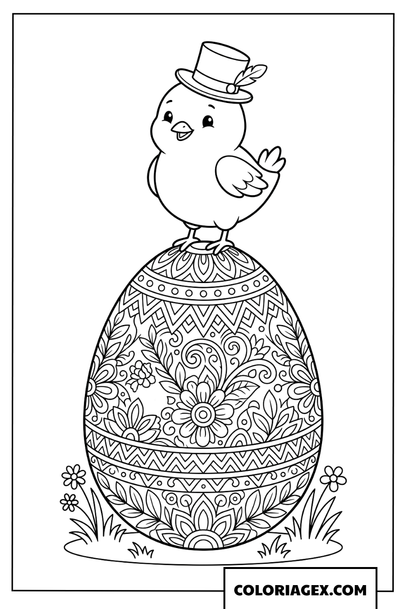 Coloriage d'un poussin au chapeau sur un œuf d'art