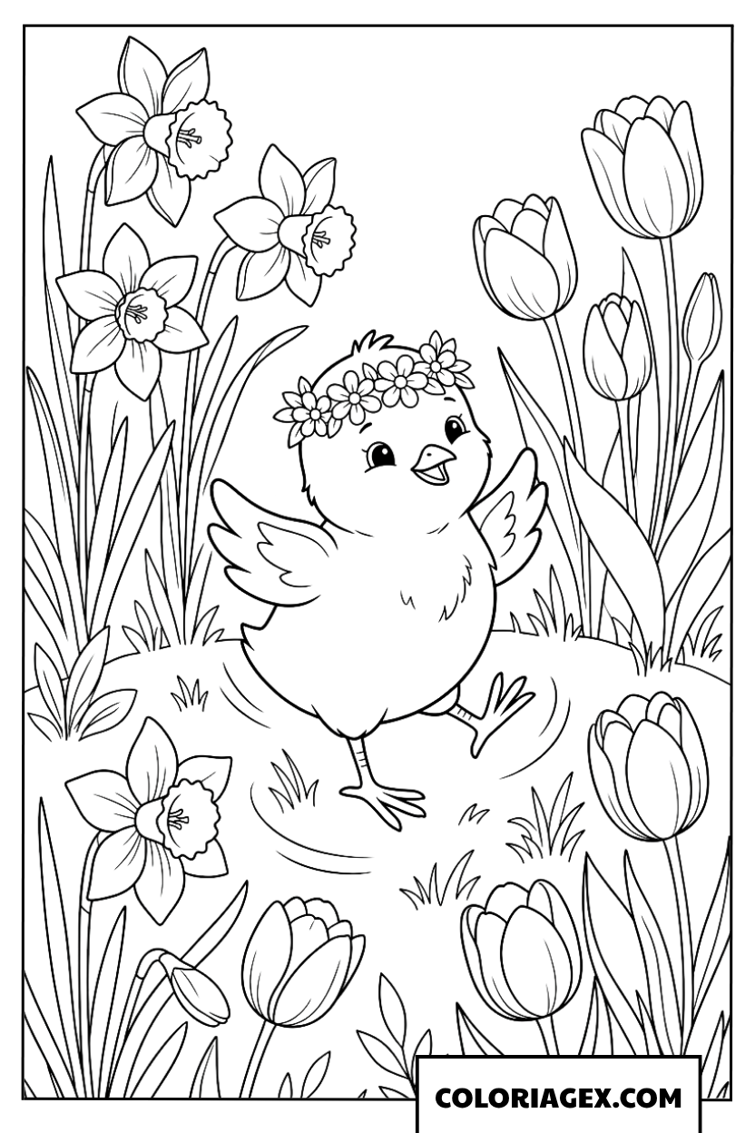 Coloriage d'un poussin avec une couronne de fleurs dans un jardin