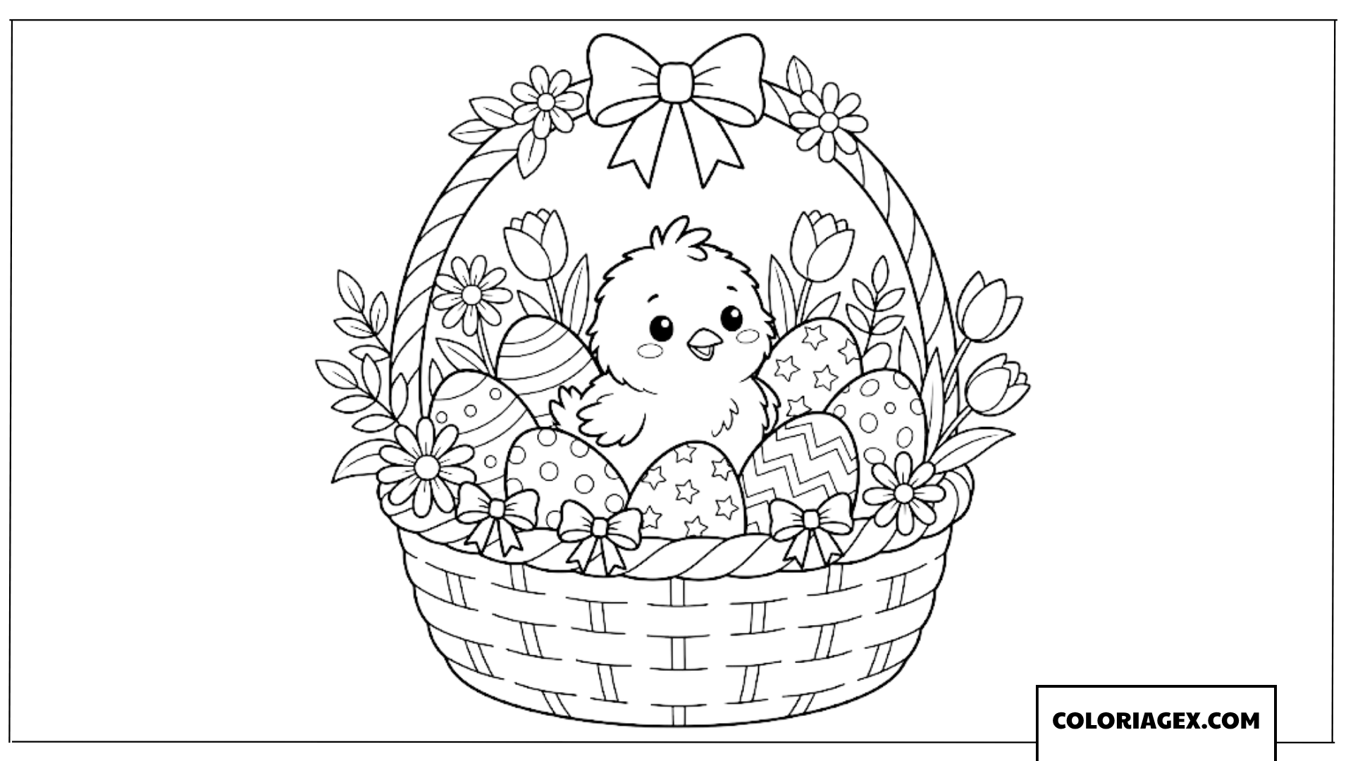 Coloriage d’un poussin dans un panier de tulipes