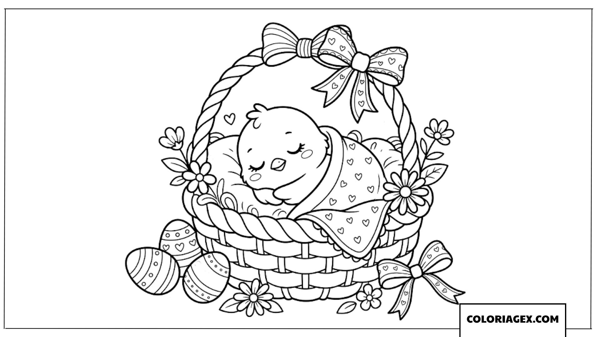 Coloriage d’un poussin dormant dans un panier cadeau