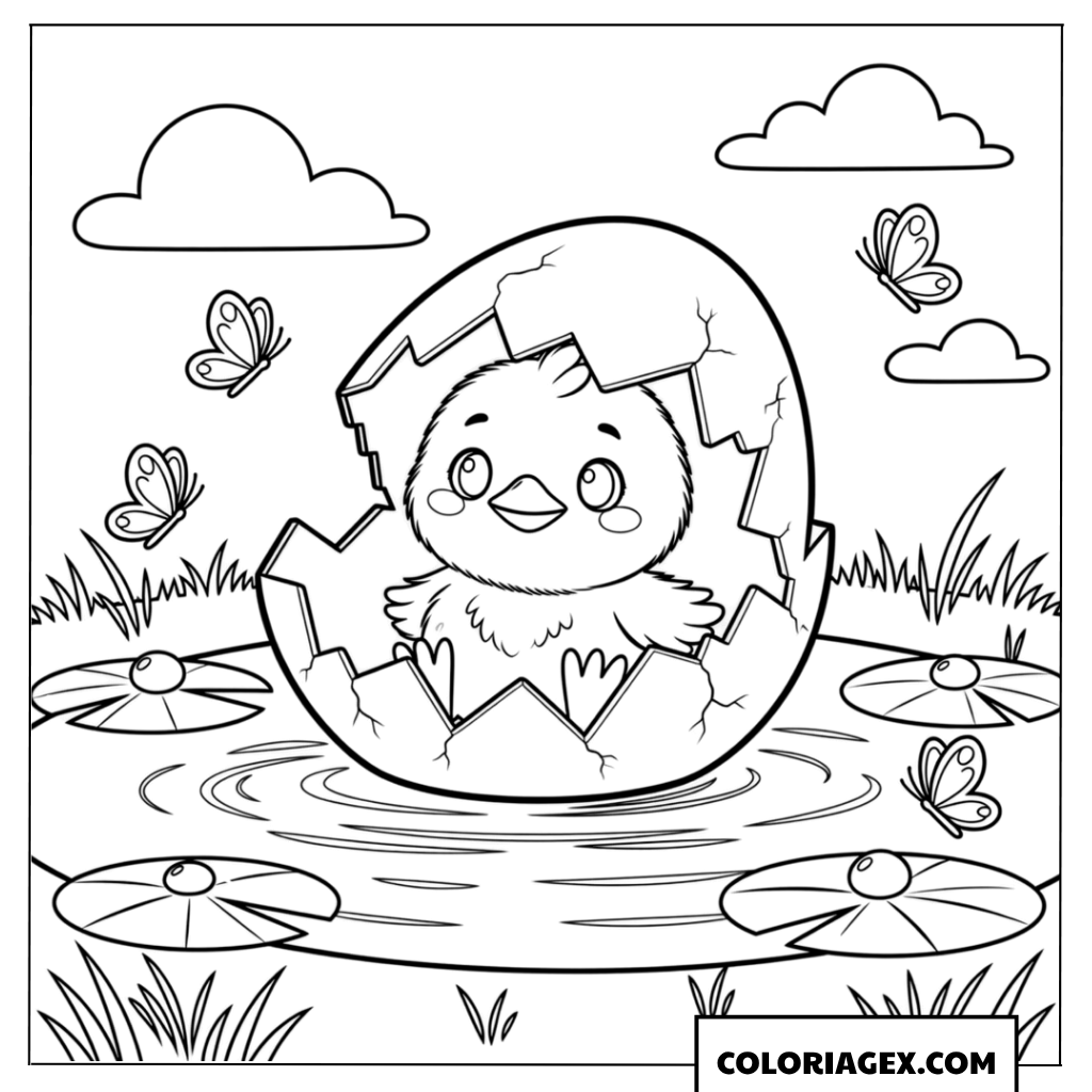 Coloriage d’un poussin éclos sur un lac