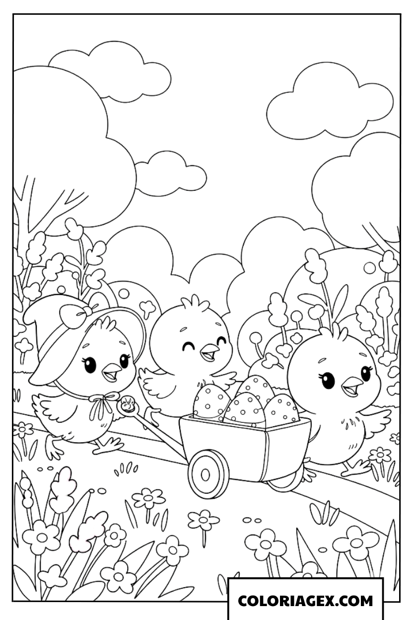 Coloriage d’un poussin poussant une charrette d’œufs