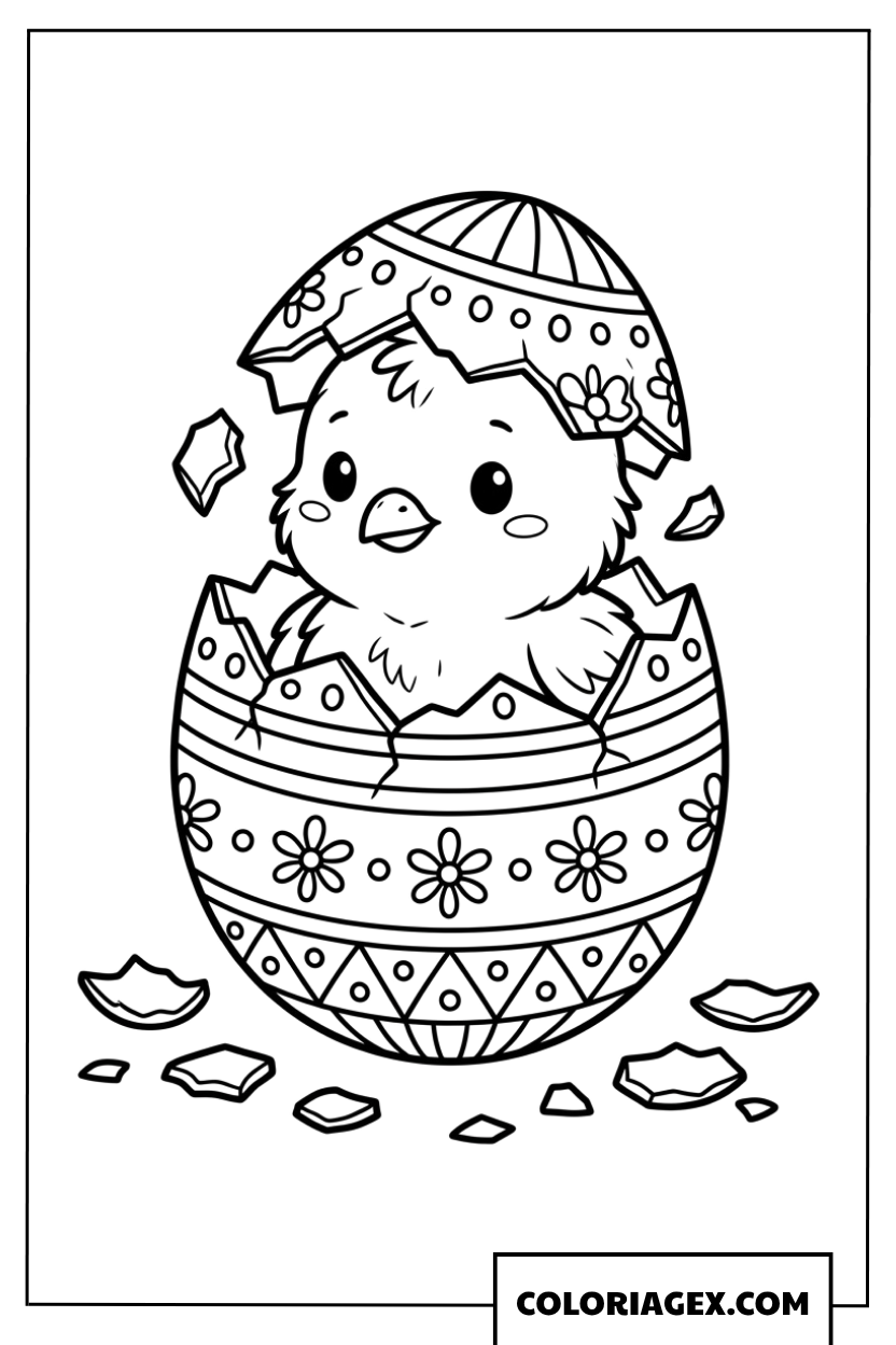 Coloriage d'un poussin sortant de son œuf de Pâques